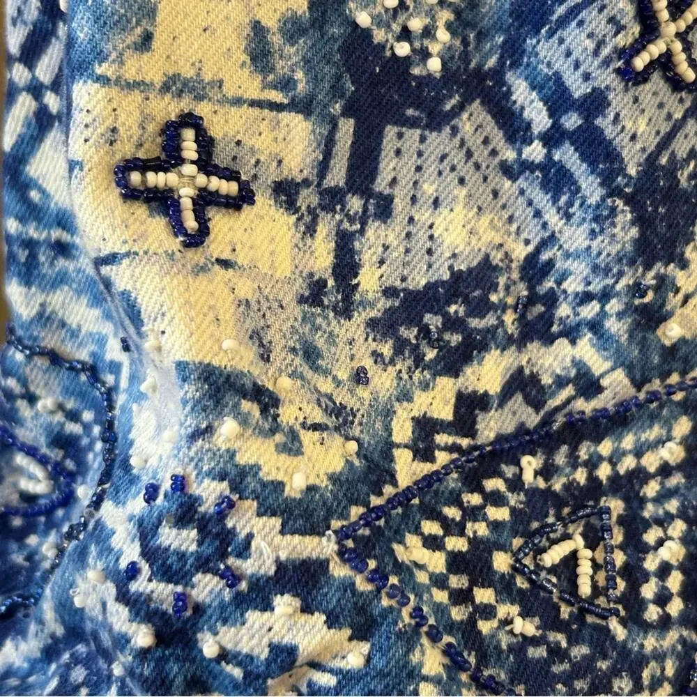 Chicos Mixed Artisan Pattern Beaded Cropped Blue and White Jean Jacket Medium